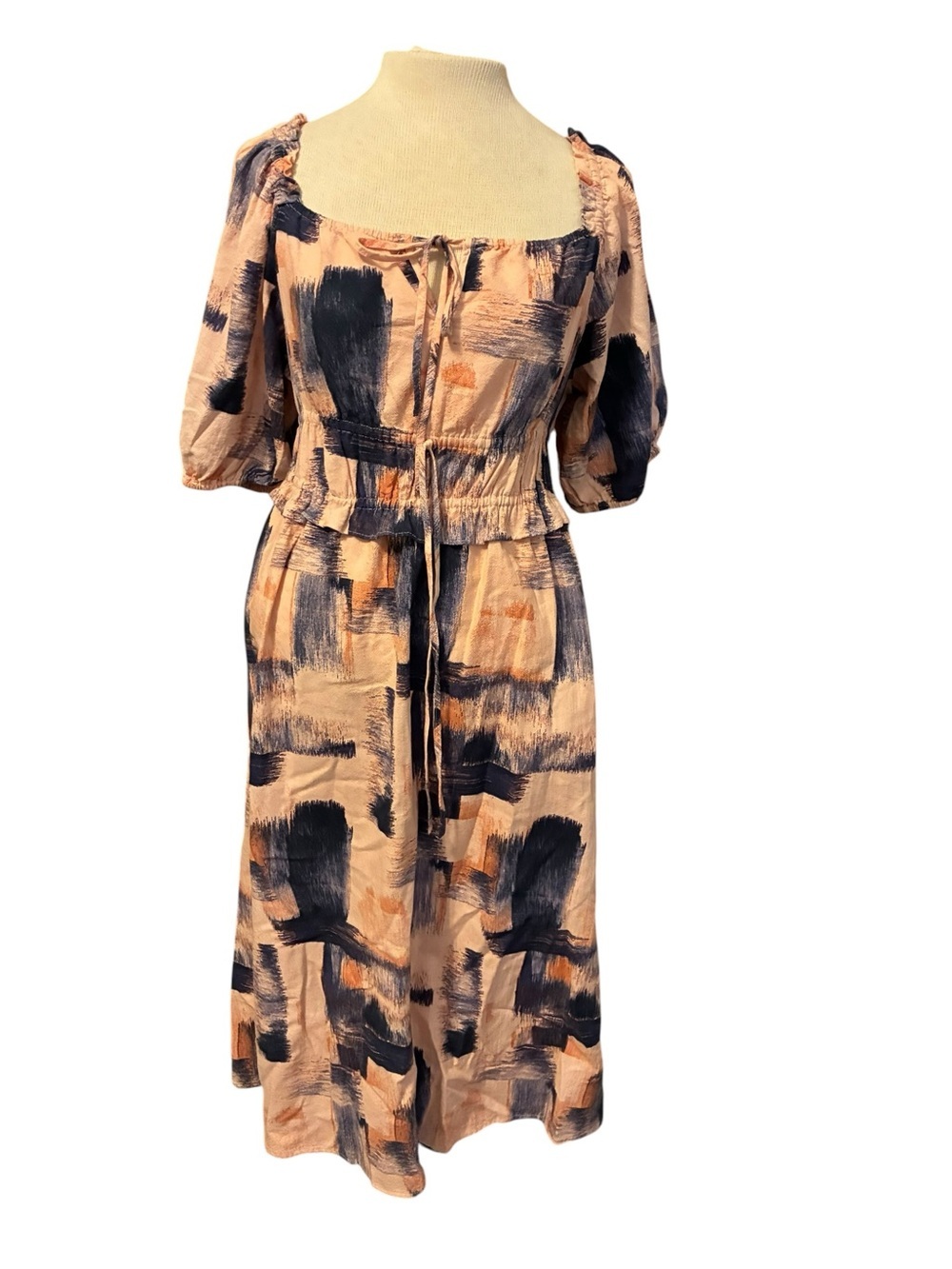 Peasant cottagecore Peach and Navy Brushstroke Midi Dress